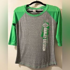 Harley-Davidson 3/4 Length Sleeve Green and Gray Tee